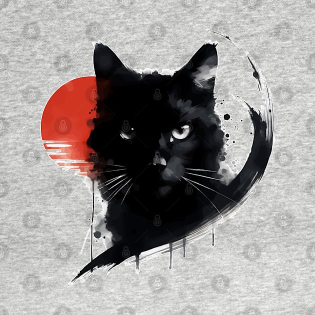 Sumie Art Japanese Brushstroke Black Cat Red Sun by TomFrontierArt